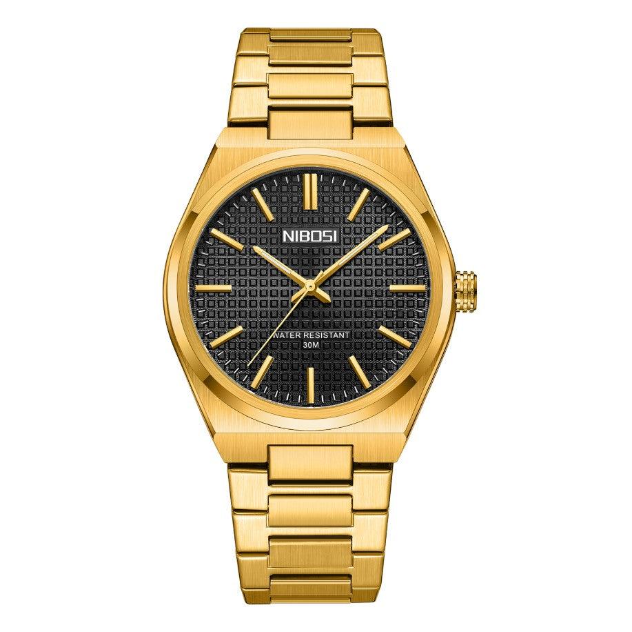 Relógio Nibosi minimalista masculino dourado com visor preto 