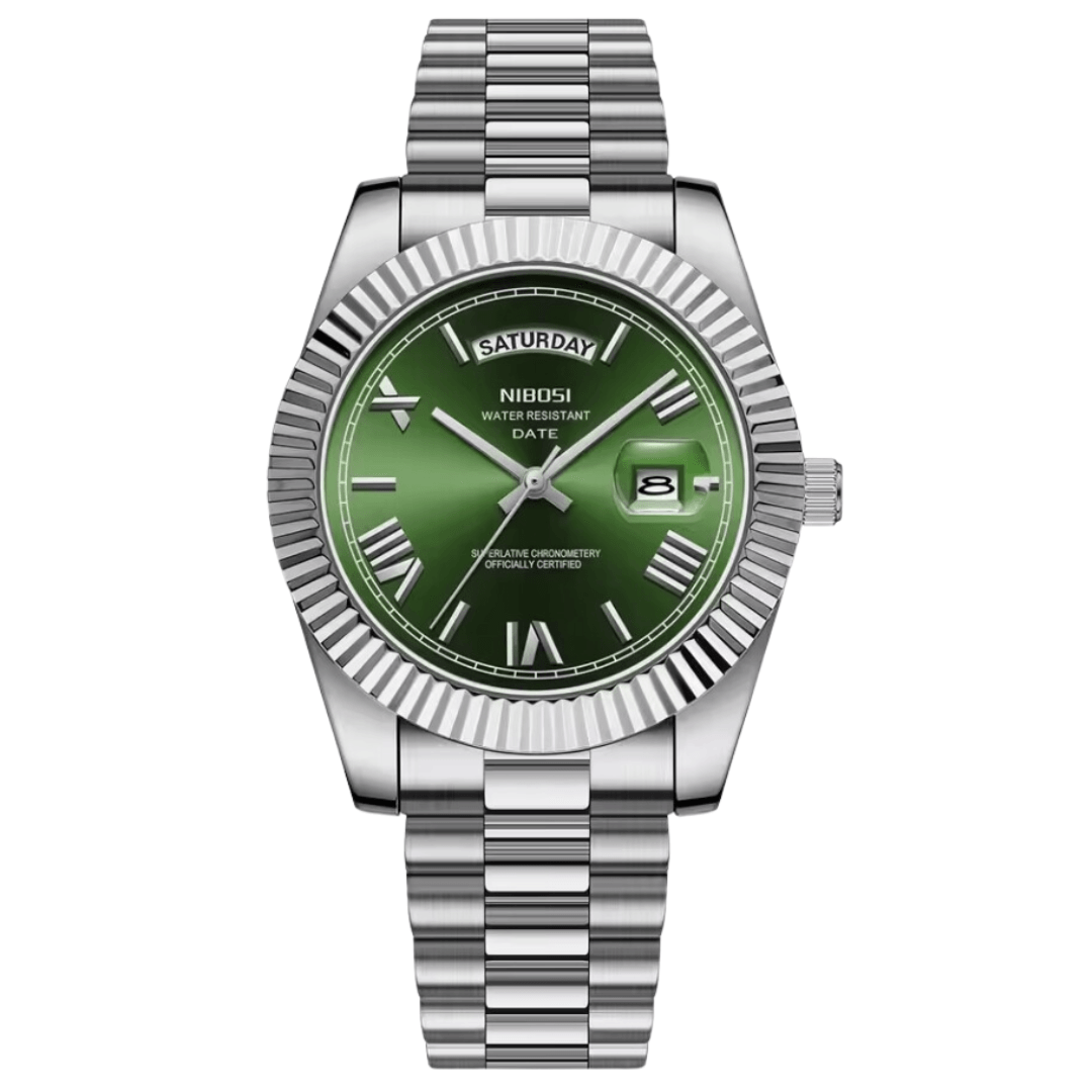 Relógio Nibosi Masculino 2628 Com Pulseira de Aço Inoxidável Prata e Visor Verde 