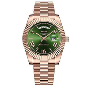 Relógio Nibosi Masculino 2628 Com Pulseira de Aço Inoxidável Rosê Com Visor Verde