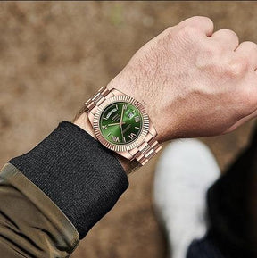Relógio Nibosi Masculino 2628 Com Pulseira de Aço Inoxidável Rosê Com Visor Verde