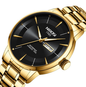 Relógio Nibosi Minimalista Masculino Signature Pulseira de Aço Inoxidável Dourado Com Visor Preto