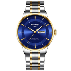Relógio Nibosi Minimalista Masculino Signature Pulseira de Aço Inoxidável Prata e Dourado Com Visor Azul