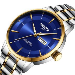 Relógio Nibosi Minimalista Masculino Signature Pulseira de Aço Inoxidável Prata e Dourado Com Visor Azul