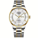 Relógio Nibosi Minimalista Masculino Signature Pulseira de Aço Inoxidável Prata e Dourado Com Visor Branco
