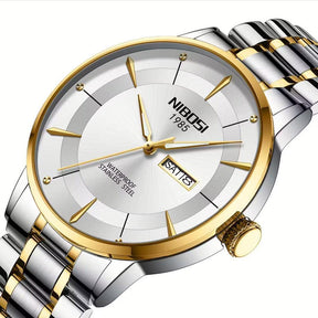 Relógio Nibosi Minimalista Masculino Signature Pulseira de Aço Inoxidável Prata e Dourado Com Visor Branco