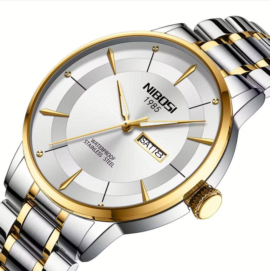 Relógio Nibosi Minimalista Masculino Signature Pulseira de Aço Inoxidável Prata e Dourado Com Visor Branco