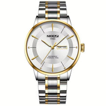 Relógio Nibosi Minimalista Masculino Signature Pulseira de Aço Inoxidável Prata e Dourado Com Visor Branco
