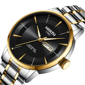 Relógio Nibosi Minimalista Masculino Signature Pulseira de Aço Inoxidável Prata e Dourado Com Visor Preto