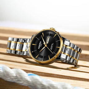 Relógio Nibosi Minimalista Masculino Signature Pulseira de Aço Inoxidável Prata e Dourado Com Visor Preto