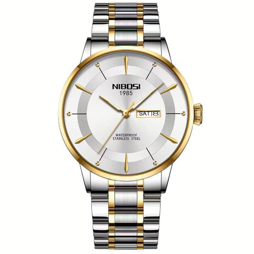 Relógio Nibosi Minimalista Masculino Signature Pulseira de Aço Inoxidável Prata e Dourado Com Visor Branco