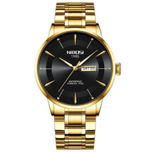 Relógio Nibosi Minimalista Masculino Signature Pulseira de Aço Inoxidável Dourado Com Visor Preto