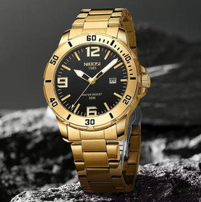 Relógio Nibosi Masculino Vellum Com Pulseira de Aço Inoxidável dourado e Com Visor Preto