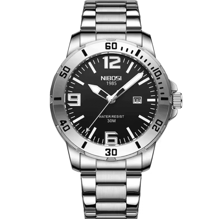 Relógio Nibosi Masculino Vellum Com Pulseira de Aço Inoxidável Prata e Com Visor Preto