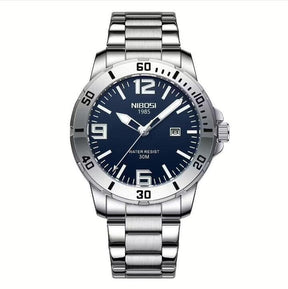 Relógio Nibosi Masculino Vellum Com Pulseira de Aço Inoxidável Prata e Com Visor Azul