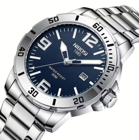 Relógio Nibosi Masculino Vellum Com Pulseira de Aço Inoxidável Prata e Com Visor Azul 