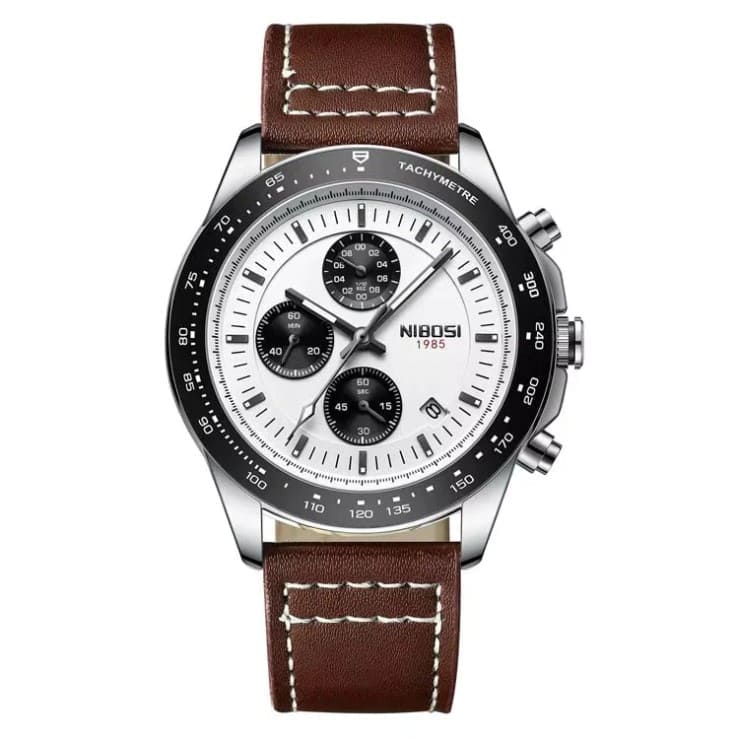 Relógio masculino Nibosi com pulseira de couro marrom com cronógrafo preto e visor branco