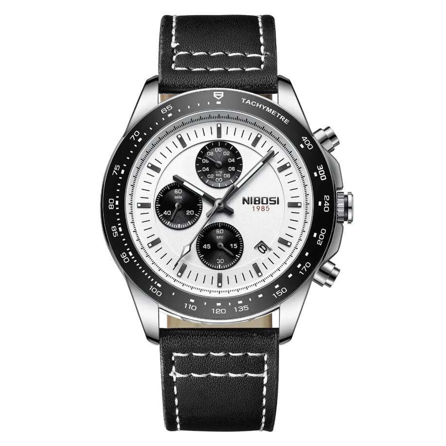 Relógio masculino Nibosi com pulseira de couro preta com cronógrafo preto e visor branco