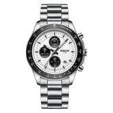 Relógio social masculino elegante Nibosi Nimbus com pulseira de aço inoxidável prata e visor branco 44mm e cronógrafo funcional