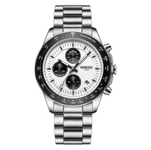 Relógio social masculino elegante Nibosi Nimbus com pulseira de aço inoxidável prata e visor branco 44mm e cronógrafo funcional