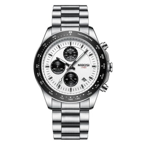 Relógio social masculino elegante Nibosi Nimbus com pulseira de aço inoxidável prata e visor branco 44mm e cronógrafo funcional