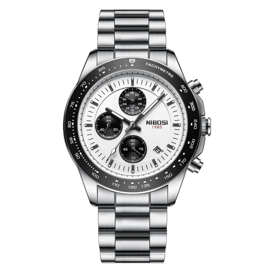 Relógio social masculino elegante Nibosi Nimbus com pulseira de aço inoxidável prata e visor branco 44mm e cronógrafo funcional