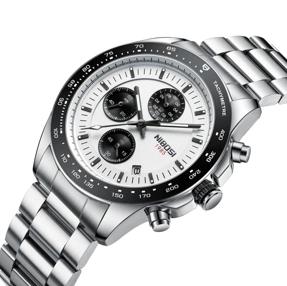 Zoom no visor do Relógio social masculino elegante Nibosi Nimbus com pulseira de aço inoxidável prata e visor branco 44mm e cronógrafo funcional