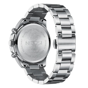 Pulseira de aço inoxidável prata do relógio masculino Nibosi Nimbus com visor branco e cronógrafo funcional