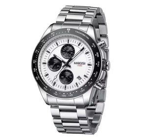 Relógio social masculino elegante Nibosi Nimbus com pulseira de aço inoxidável prata e visor branco 44mm  e cronógrafo funcional