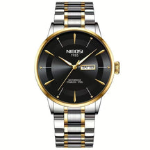Relógio Nibosi Minimalista Masculino Signature Pulseira de Aço Inoxidável Prata e Dourado Com Visor Preto