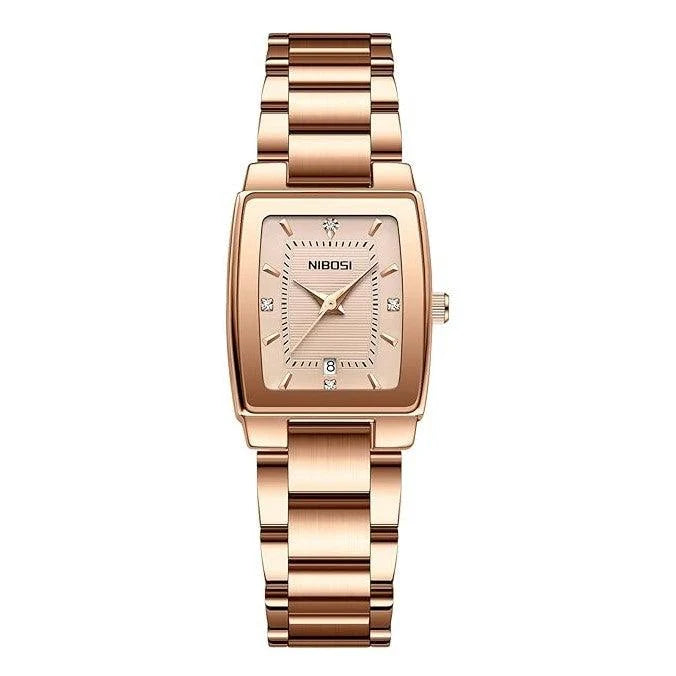 Relógio feminino minimalista pequeno com pulseira rosé e visor rosé