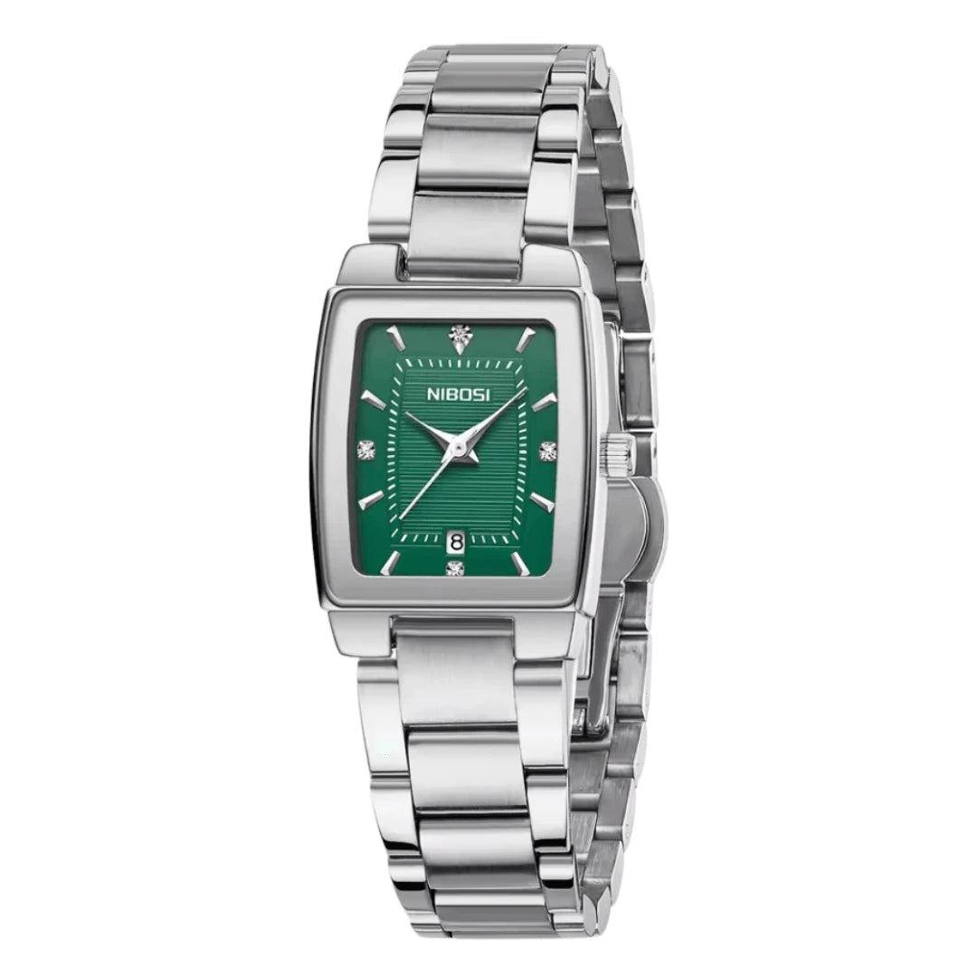 Relógio feminino minimalista pequeno com pulseira prata e visor verde