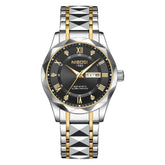 Relógio masculino Nibosi Arkos em aço inoxidável com mostrador preto e numerais romanos, pulseira metálica ajustável