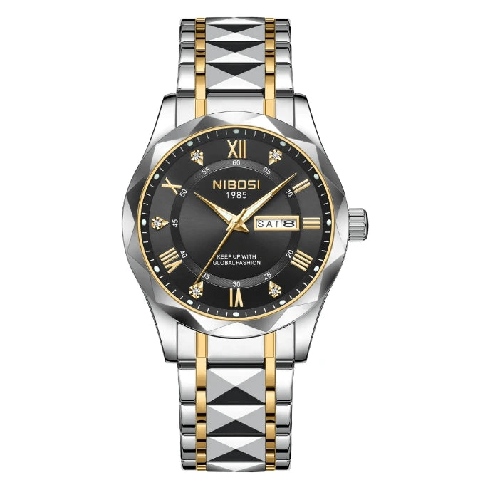 Relógio masculino Nibosi Arkos em aço inoxidável com mostrador preto e numerais romanos, pulseira metálica ajustável