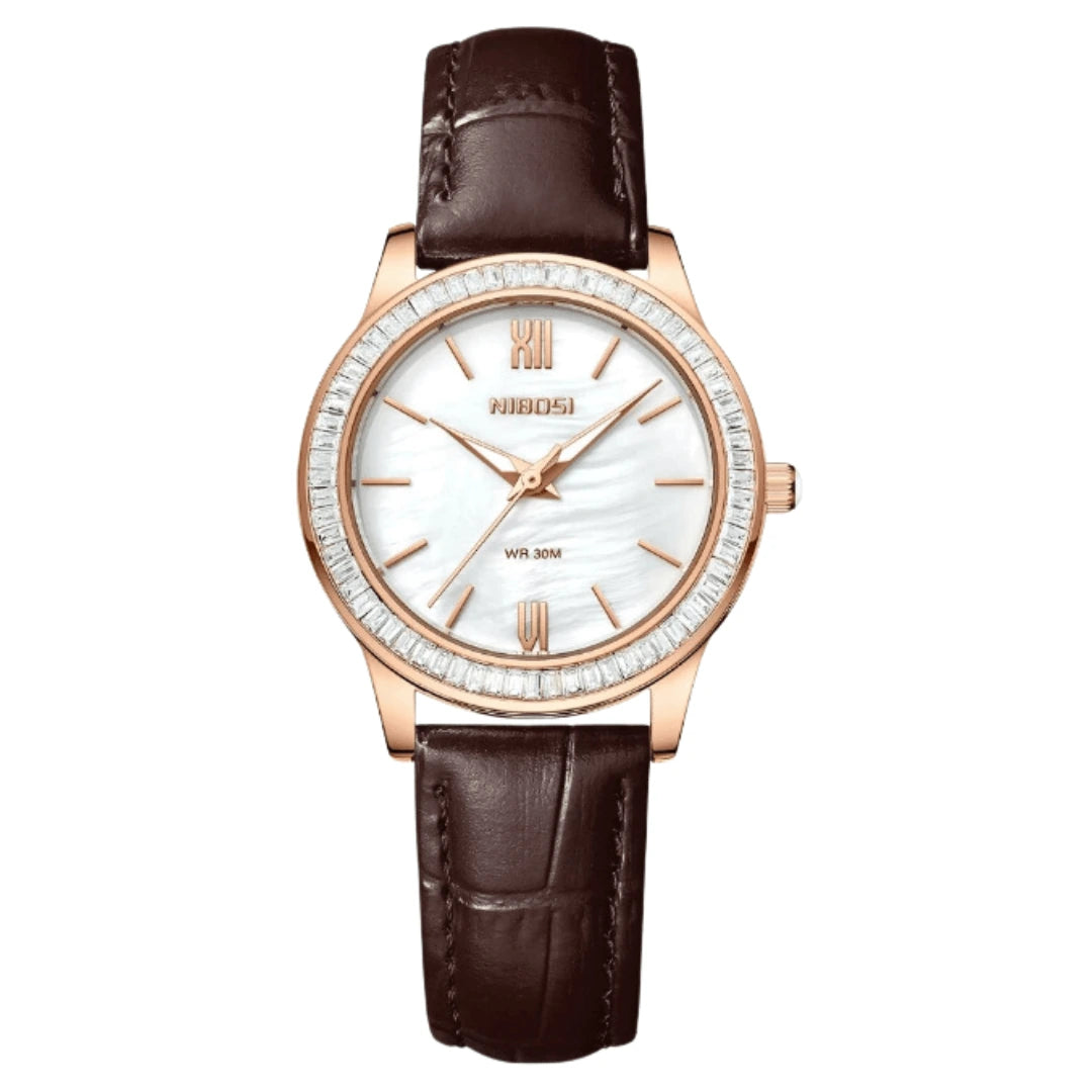 Relógio feminino Nibosi Nataly com pulseira de couro marrom e mostrador branco 