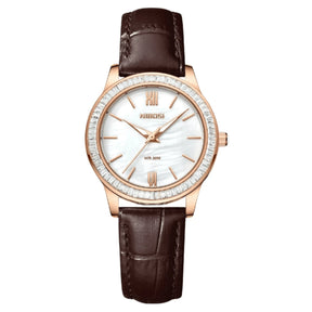 Relógio feminino Nibosi Nataly com pulseira de couro marrom e mostrador branco 