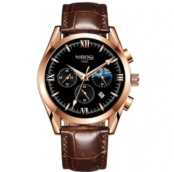 Relógio Nibosi masculino Hermes com pulseira de couro marrom e visor preto com cronógrafo 