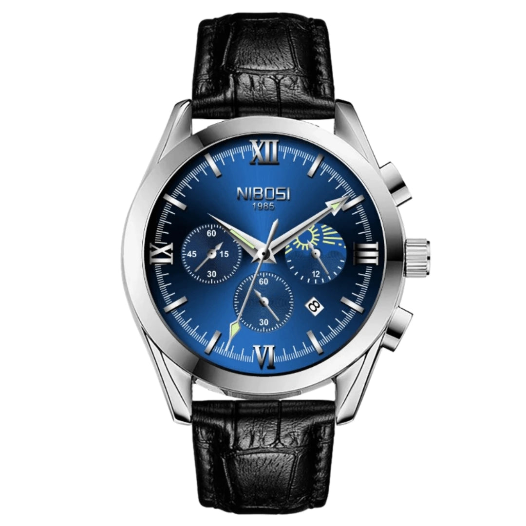 Relógio Nibosi masculino Hermes com pulseira de couro preta e visor azul com cronógrafo 