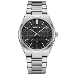 Relógio Nibosi Minimalista Masculino de Aço Inoxidável Prata Com Visor Preto