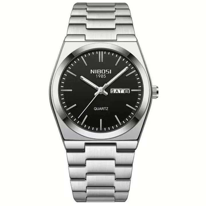 Relógio Nibosi Masculino Minimalista 2658 Com Pulseira de Aço Inoxidável Prata e Visor Preto