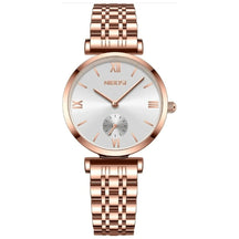 Relógio minimalista feminino Nibosi pequeno com pulseira em aço inoxidável rosé com visor branco