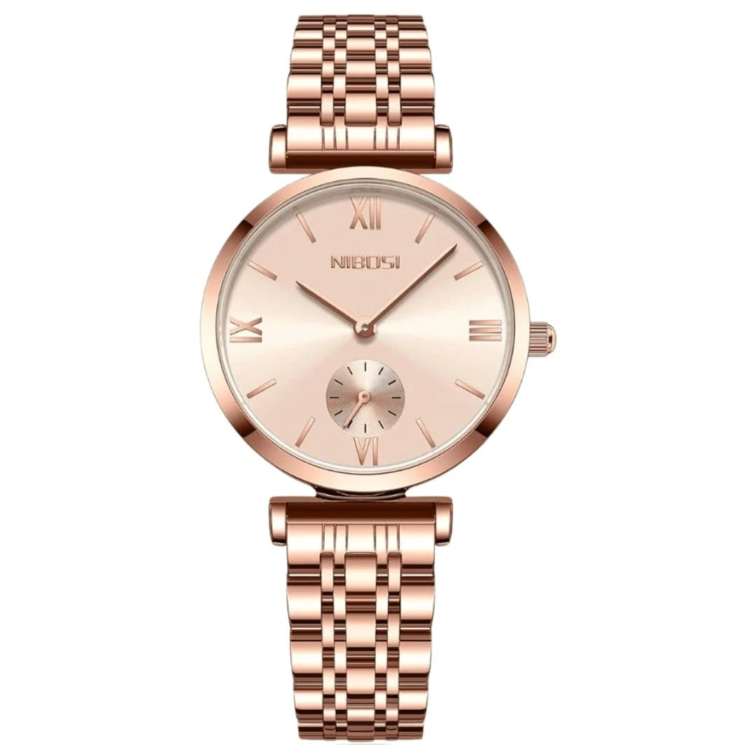 Relógio minimalista feminino Nibosi pequeno 32mm com pulseira em aço inoxidável rosé com visor rosé