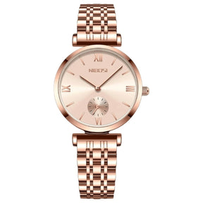 Relógio minimalista feminino Nibosi pequeno 32mm com pulseira em aço inoxidável rosé com visor rosé