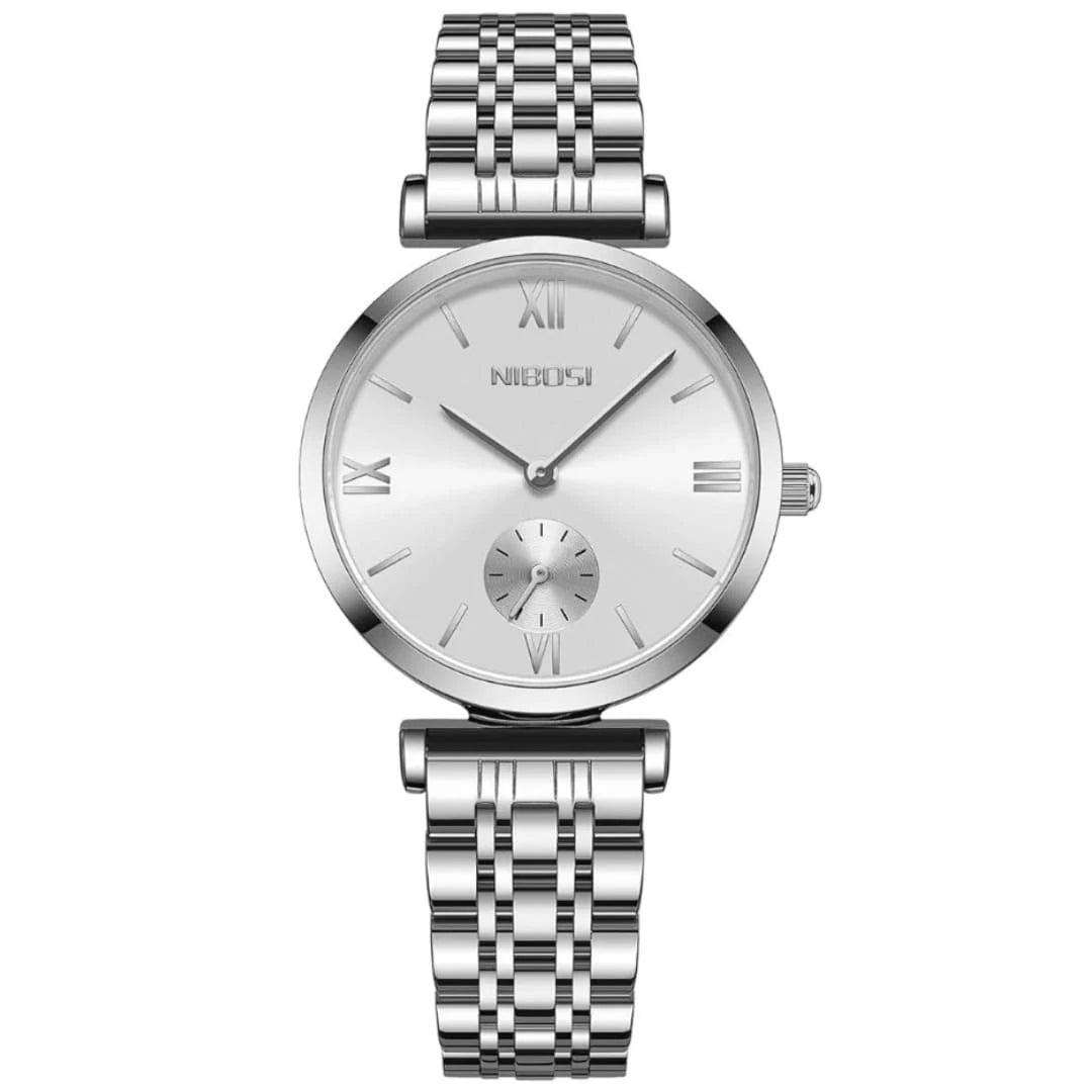 Relógio minimalista feminino pequeno  Nibosi com pulseira em aço inoxidável prata com visor branco