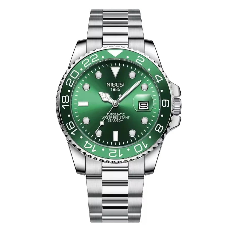 Relógio automático masculino Nibosi Majestic com pulseira em aço inoxidável com visor verde