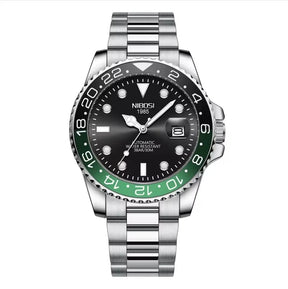 Relógio automático masculino Nibosi Majestic com pulseira em aço inoxidável, caixa preta e verde e visor preto