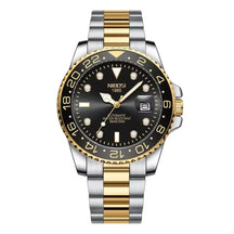 Relógio automático masculino Nibosi Majestic com pulseira em aço inoxidável prata com detalhes em dourado e visor preto