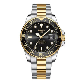 Relógio automático masculino Nibosi Majestic com pulseira em aço inoxidável prata com detalhes em dourado e visor preto