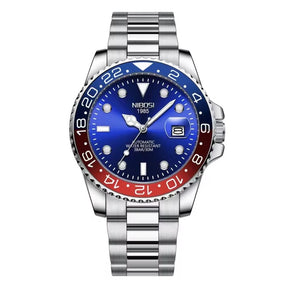 Relógio automático masculino Nibosi Majestic com pulseira em aço inoxidável, caixa azul e vermelha e visor azul