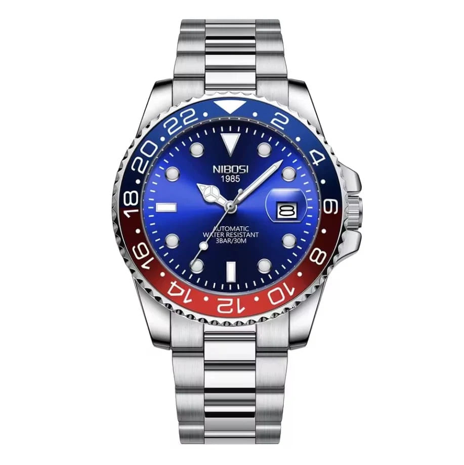 Relógio automático masculino Nibosi Majestic com pulseira em aço inoxidável, caixa azul e vermelha e visor azul