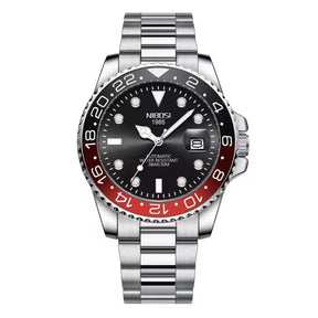 Relógio automático masculino Nibosi Majestic com pulseira em aço inoxidável, caixa prata com vermelho e visor preto